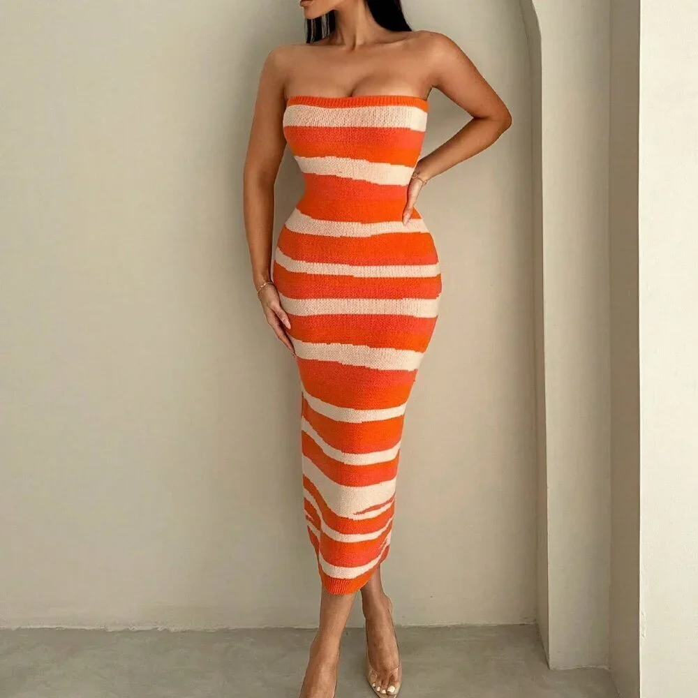 Multicolor Sexy Women's Striped Patchwork Fitted Long Sweater Dress - Picture 3 of 5